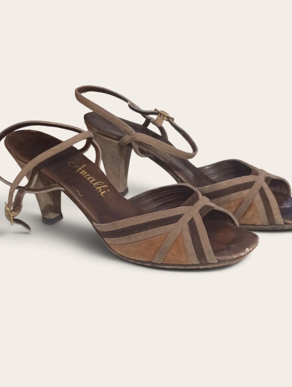 Vintage Amalfi Two-Tone Brown & Taupe Suede Strappy Slingback Heels